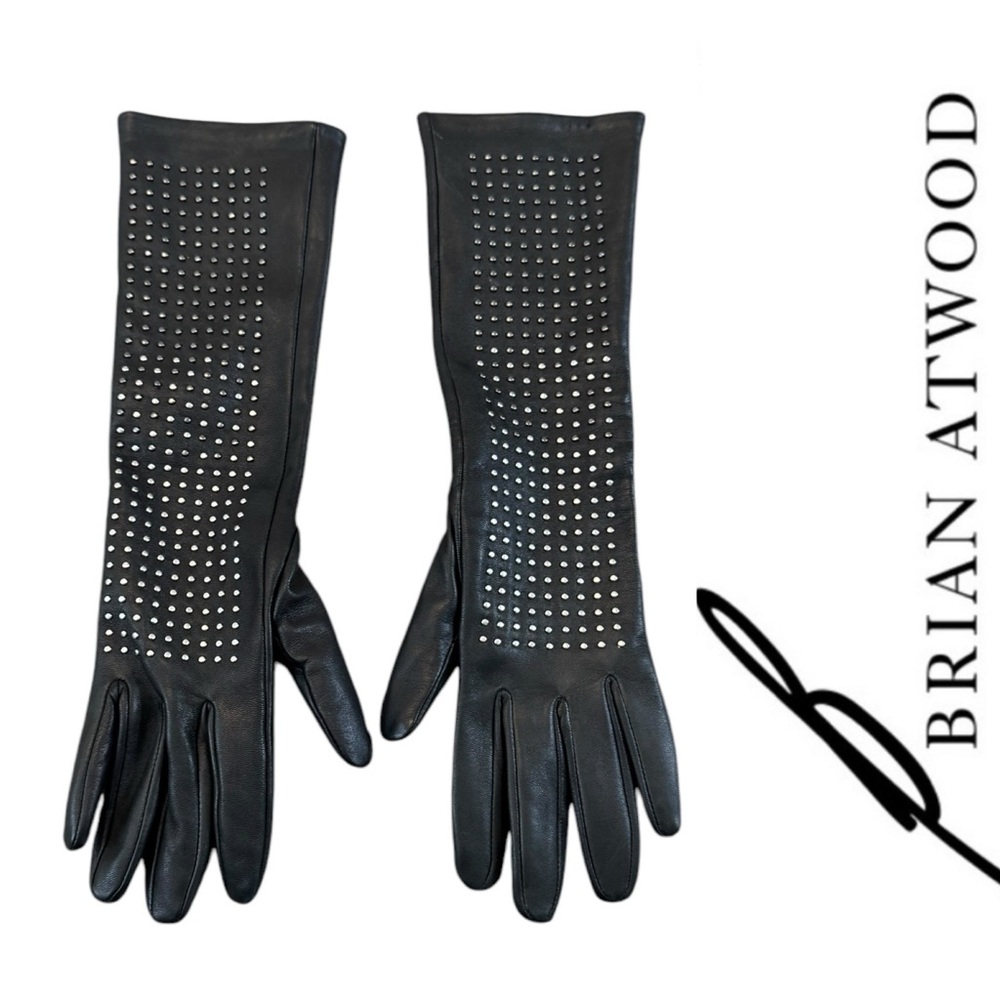 Brian Atwood Black Leather Gloves with Silver Studs